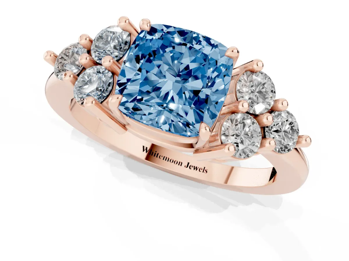 Fancy Blue Cushion Cut Brilliant Diamond Cluster Accent Solitaire Ring with Prong Setting Rose gold