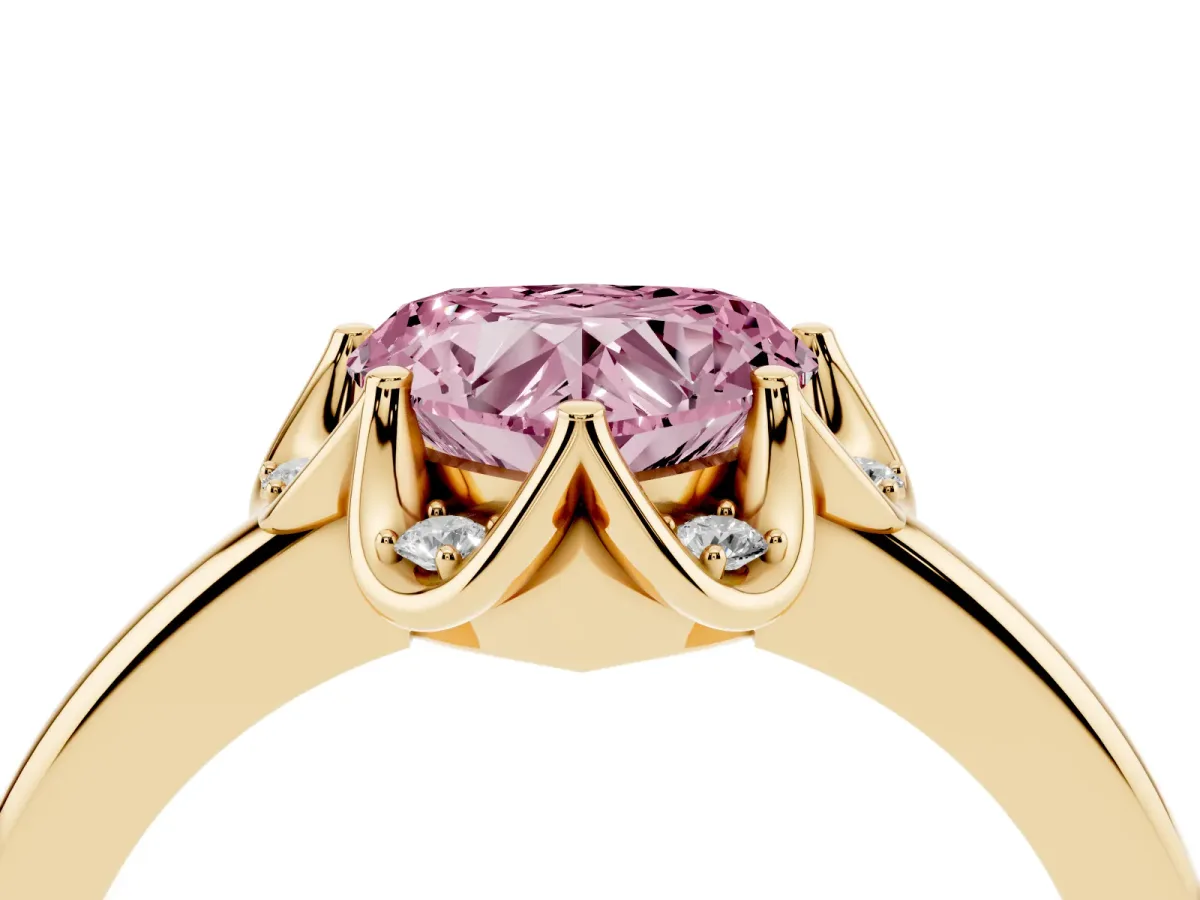 Fancy Pink Heart Cut Halo Diamond Ring with Round Cluster Setting, Solitaire Band, and Four-Prong Setting Yellow gold