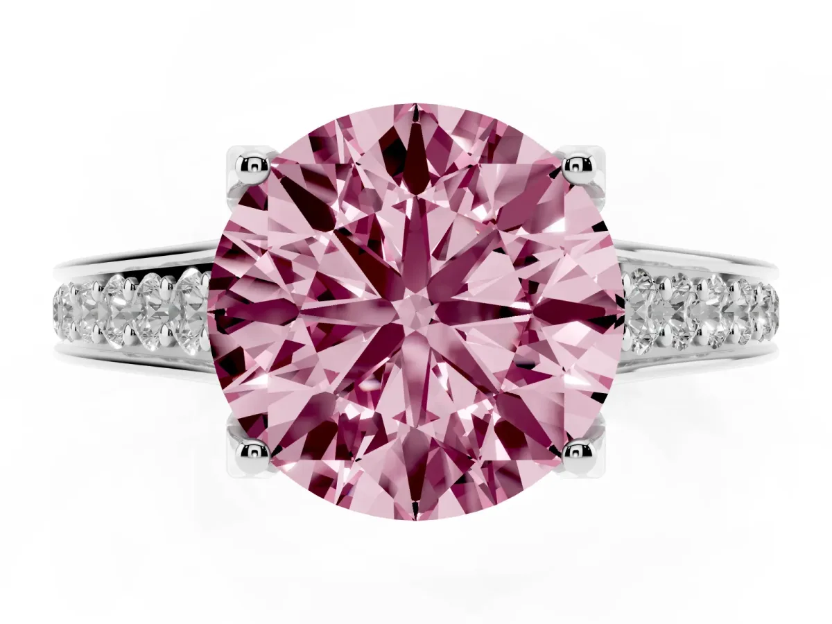 Fancy Pink Round Cut Brilliant Cut Diamond Engagement Ring with Pavé Band and Four-Prong Setting Silver