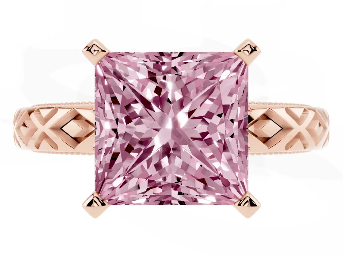 Fancy Pink Princess Cut Solitaire Diamond Ring with Milgrain and Black Enamel X Pattern Band Rose gold
