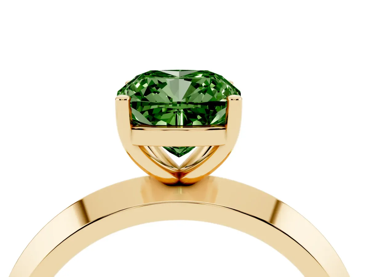 Fancy Green Cushion Cut Cut Solitaire Engagement Ring with Flat Band and Four-Prong Setting Yellow gold