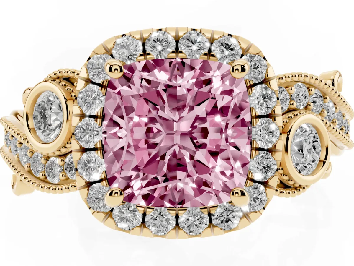 Fancy Pink Cushion Cut Diamond Halo Ring with Milgrain Pavé Band and Four-Prong Setting Yellow gold