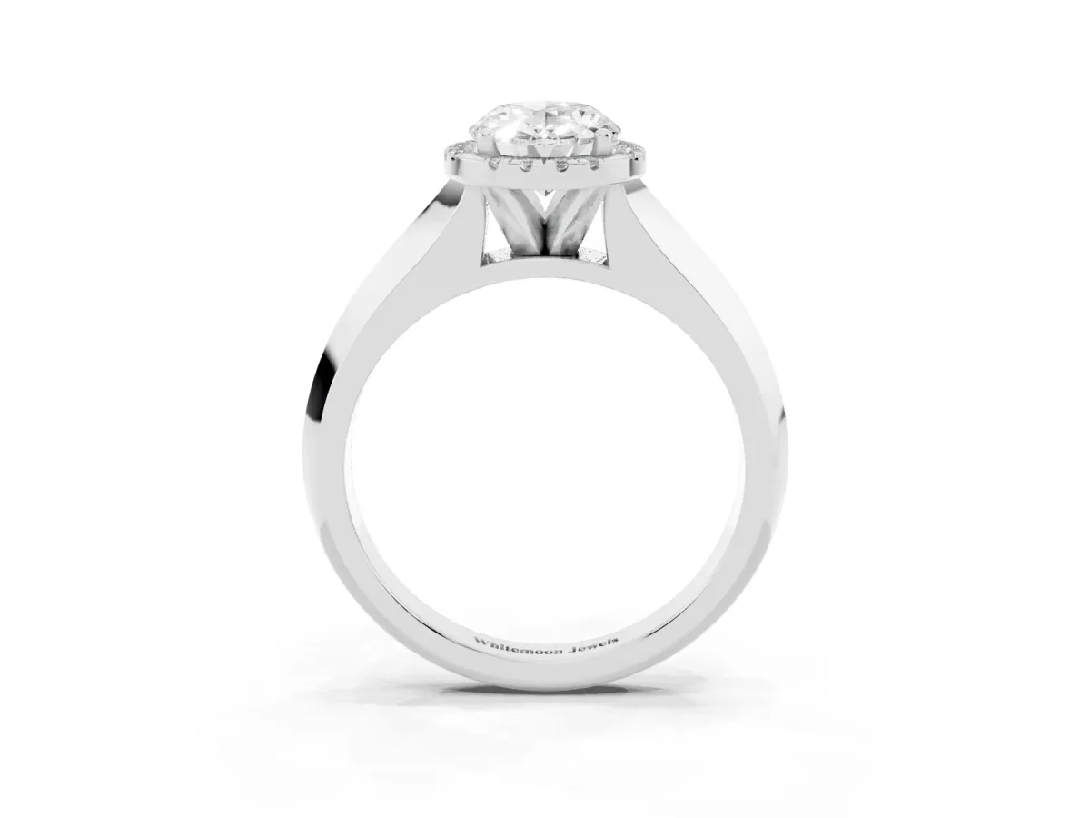 Oval Cut Halo Diamond Ring with Cathedral Band and Four-Prong Setting Silver