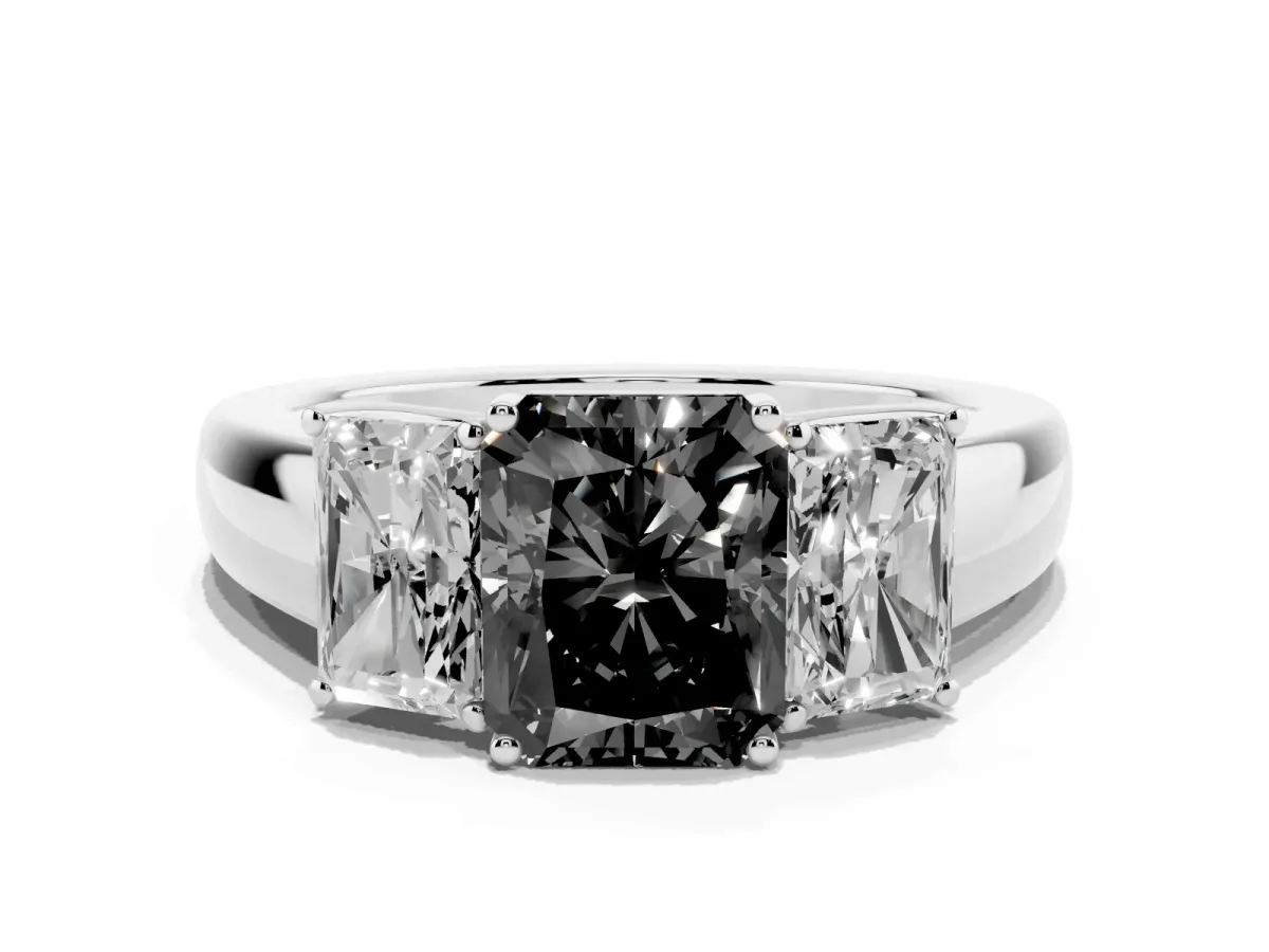 Fancy Black Three-Stone Radiant Cut Cut Diamond Ring with Prong Setting and Classic Band Silver