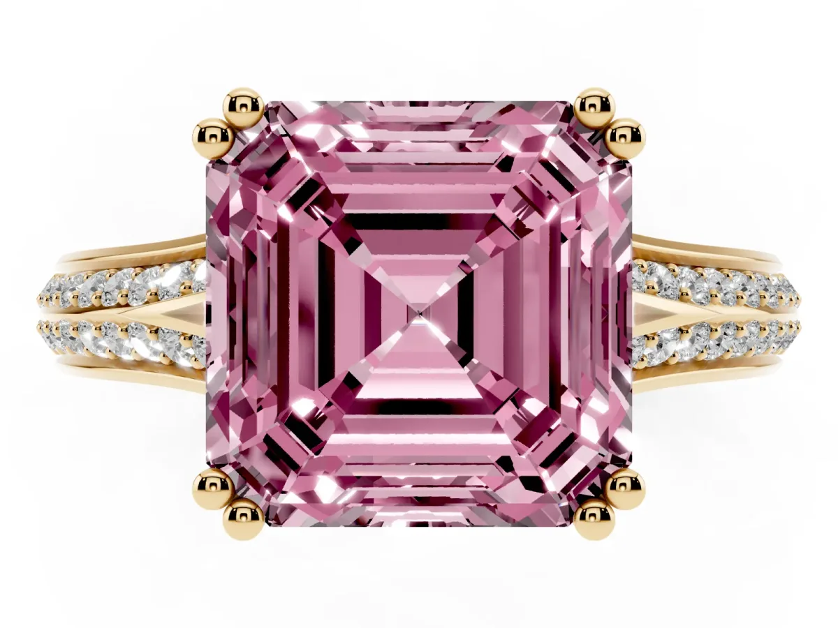 Fancy Pink Asscher Cut Diamond Split Shank Engagement Ring with Pavé Band Yellow gold