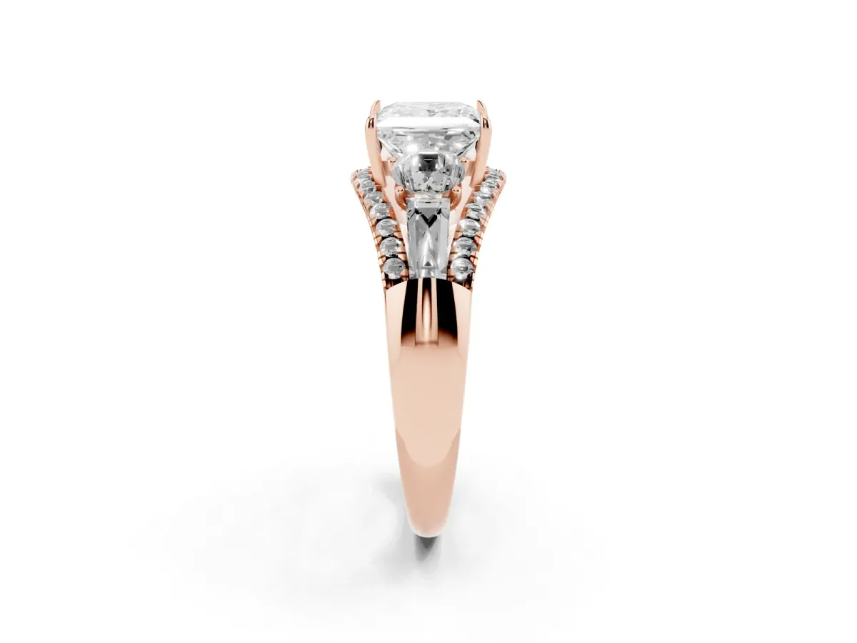 Three-Stone Princess Cut Diamond Engagement Ring with Pave Band and Prong Setting Rose gold