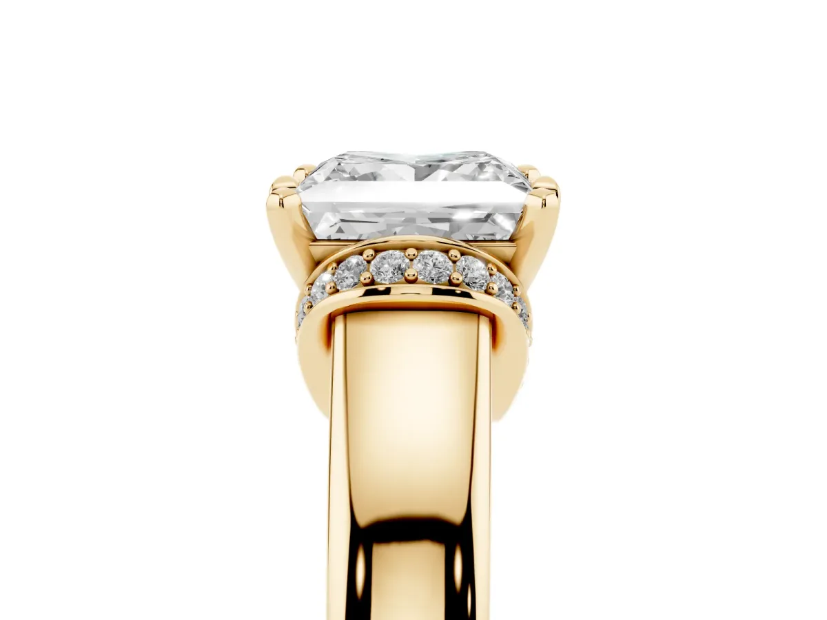 Princess Cut Solitaire Diamond Ring with Pave Band and Six-Prong Setting Yellow gold
