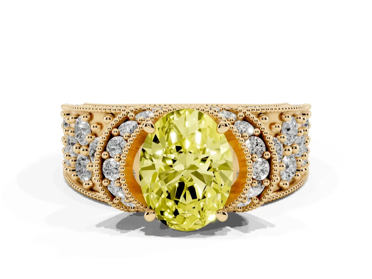 Fancy Yellow Oval Cut Halo Pave Diamond Engagement Ring with Milgrain Detailing Yellow gold