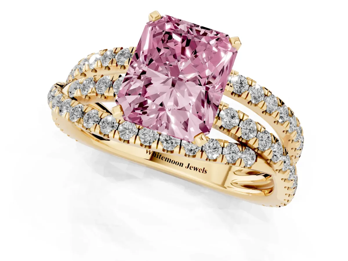 Fancy Pink Radiant Cut Solitaire Twist Band with Pavé Setting and Four-Prong Setting Yellow gold