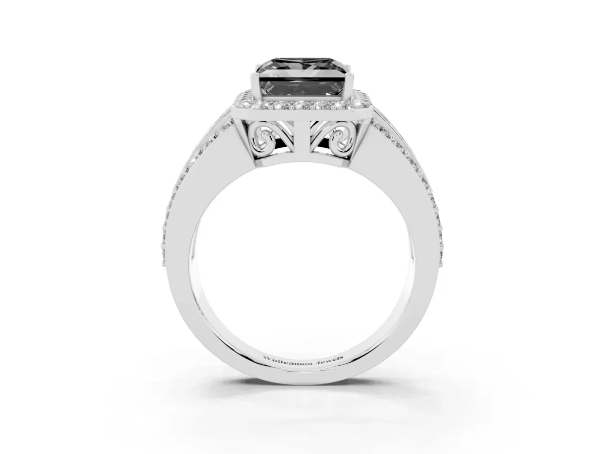 Fancy Black Princess Cut Halo Diamond Ring with Round Split Shank and Prong Setting Platinum
