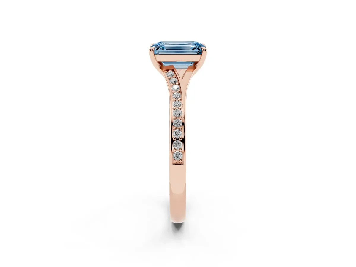Fancy Blue Emerald Cut Diamond Solitaire Ring with Pavé Band and Prong Setting Rose gold
