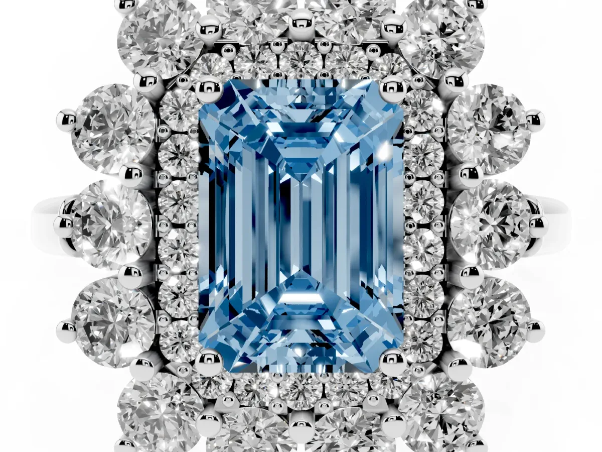 Fancy Blue Emerald Cut Diamond Floral Double Halo Engagement Ring with Prong Setting Silver