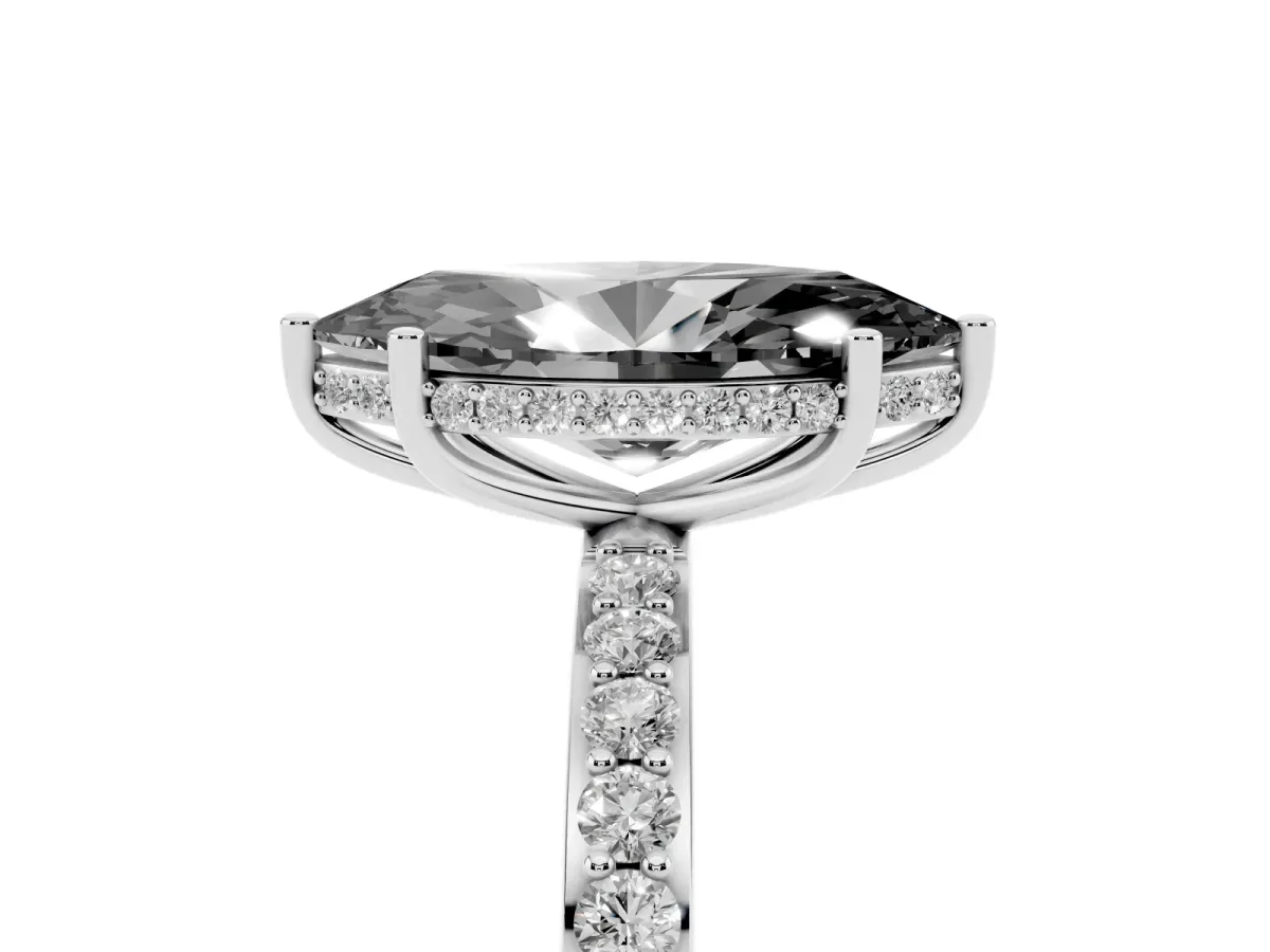 Fancy Black Marquise Cut Diamond Solitaire Ring with Pavé Band and Hidden Halo Silver