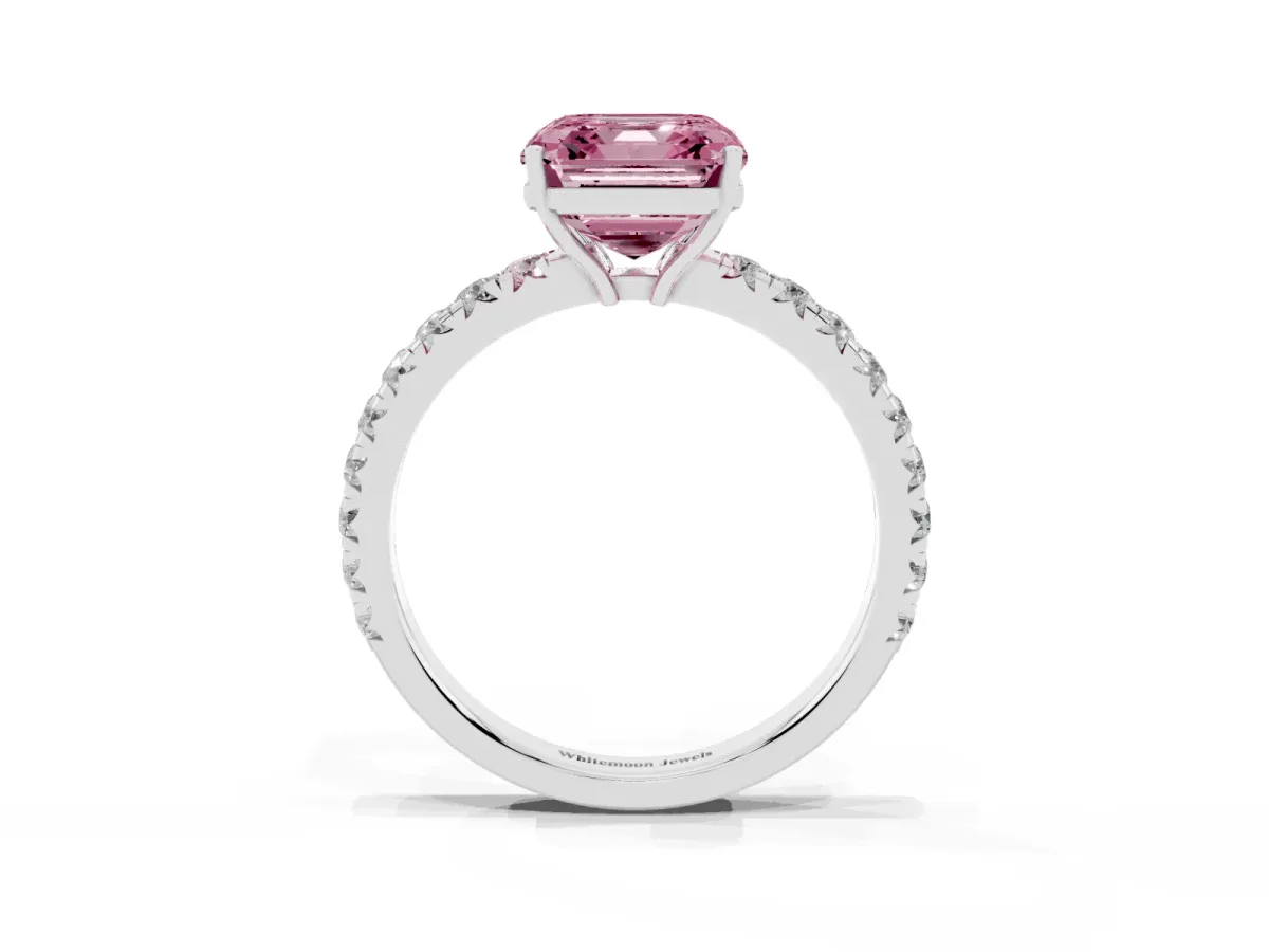Fancy Pink Asscher Cut Diamond Pavé Solitaire Engagement Ring with Four-Prong Setting Silver