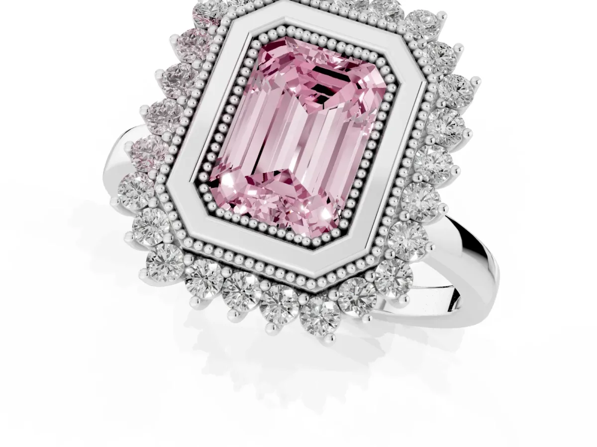 Fancy Pink Emerald Cut Halo Diamond Ring with Milgrain Edge and Round Prong Setting Silver