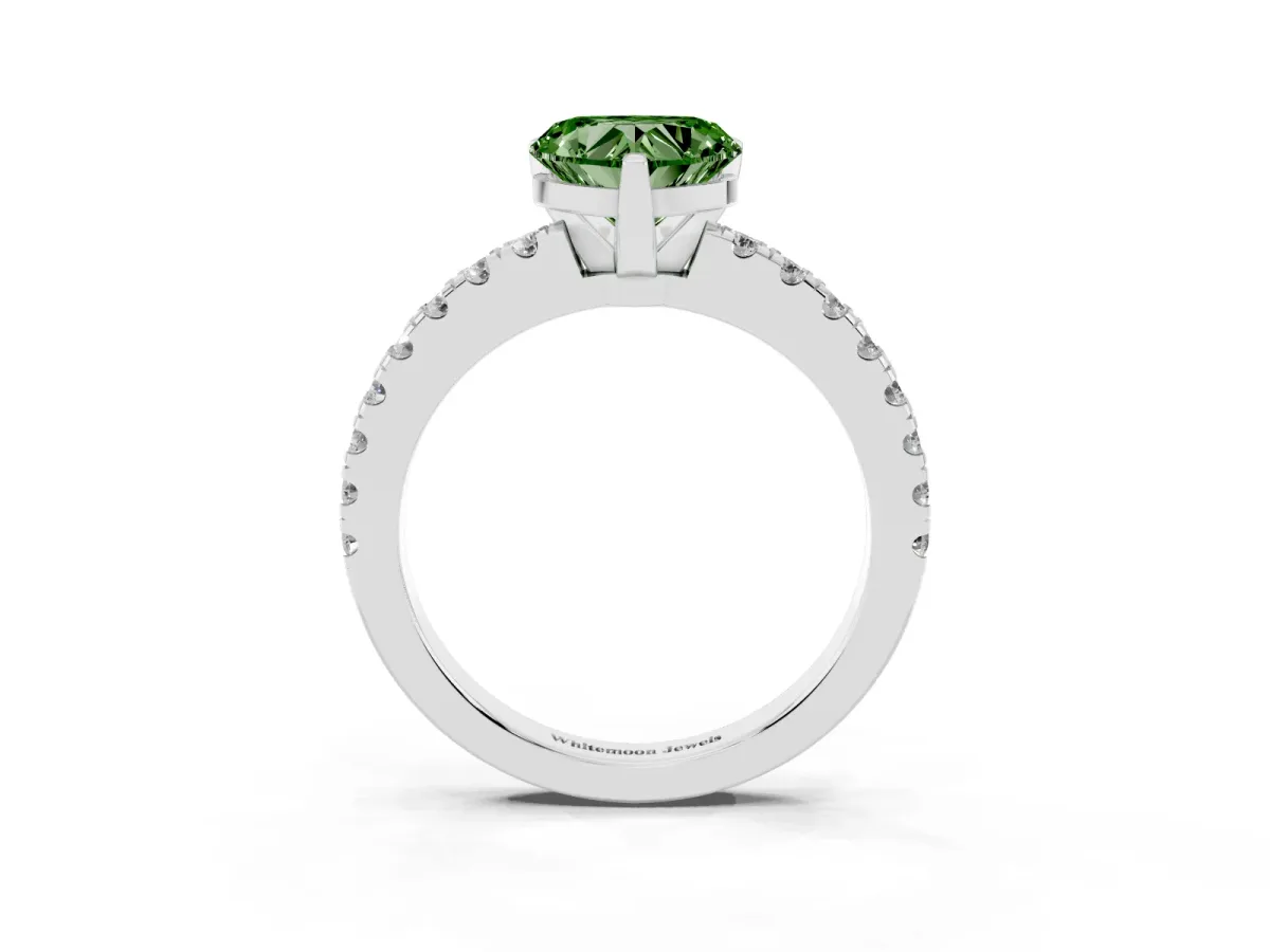 Fancy Green Heart Cut Solitaire Diamond with Pavé Band and Four-Prong Setting White gold