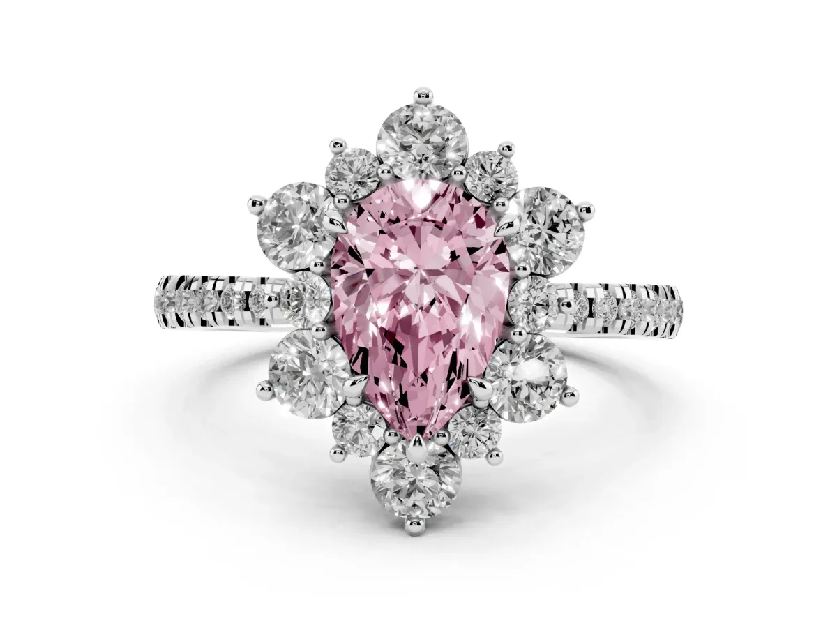 Fancy Pink Pear Cut Diamond Floral Halo Ring with Round Pavé Band and Prong Setting Platinum