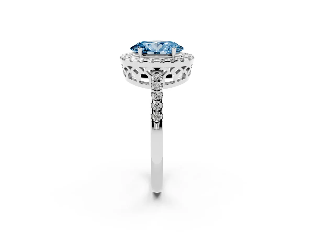 Fancy Blue Oval Cut Halo Diamond Engagement Ring with Pavé Band and Four-Prong Setting White gold