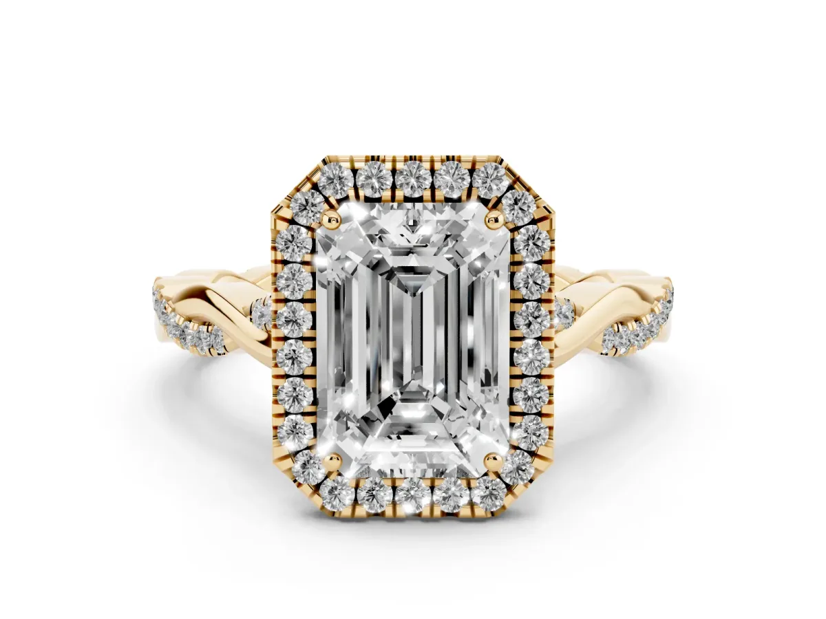 Emerald Cut Halo Twist Band Solitaire Ring Yellow gold