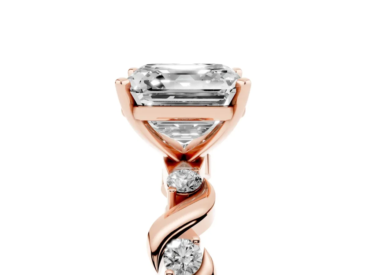 Asscher Cut Diamond Solitaire Twisted Band with Round Accents and Prong Setting Rose gold