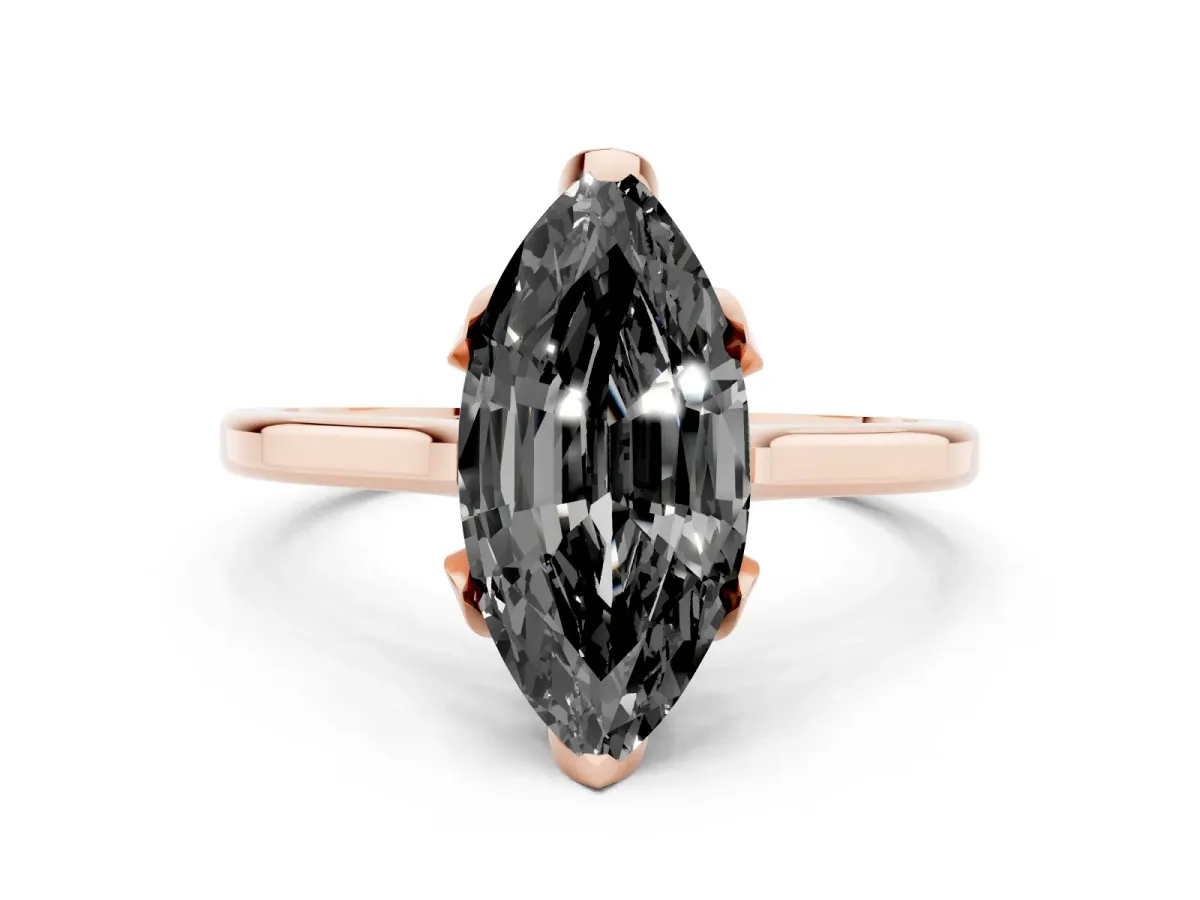 Fancy Black Marquise Cut Diamond Solitaire Ring with Flower Prong Setting and Classic Band Rose gold