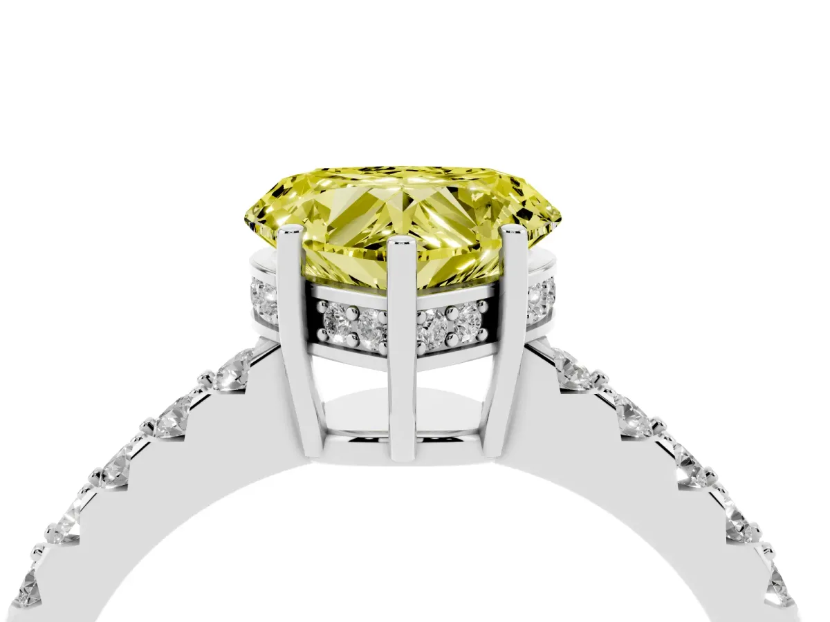 Fancy Yellow Heart Cut Solitaire Diamond Engagement Ring with Pavé Band and Six-Prong Setting Platinum
