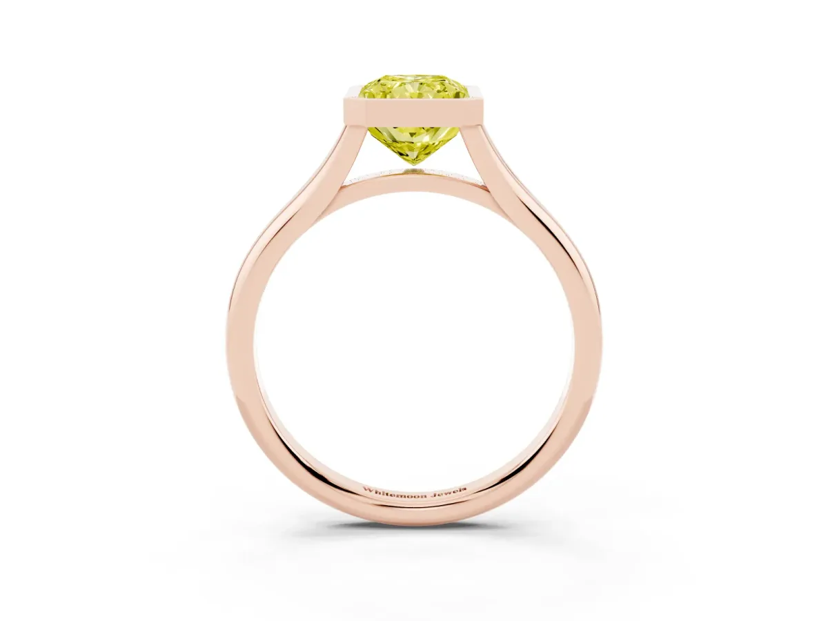 Fancy Yellow Bezel Set Radiant Cut Cut Solitaire Ring with Tapered Band Rose gold