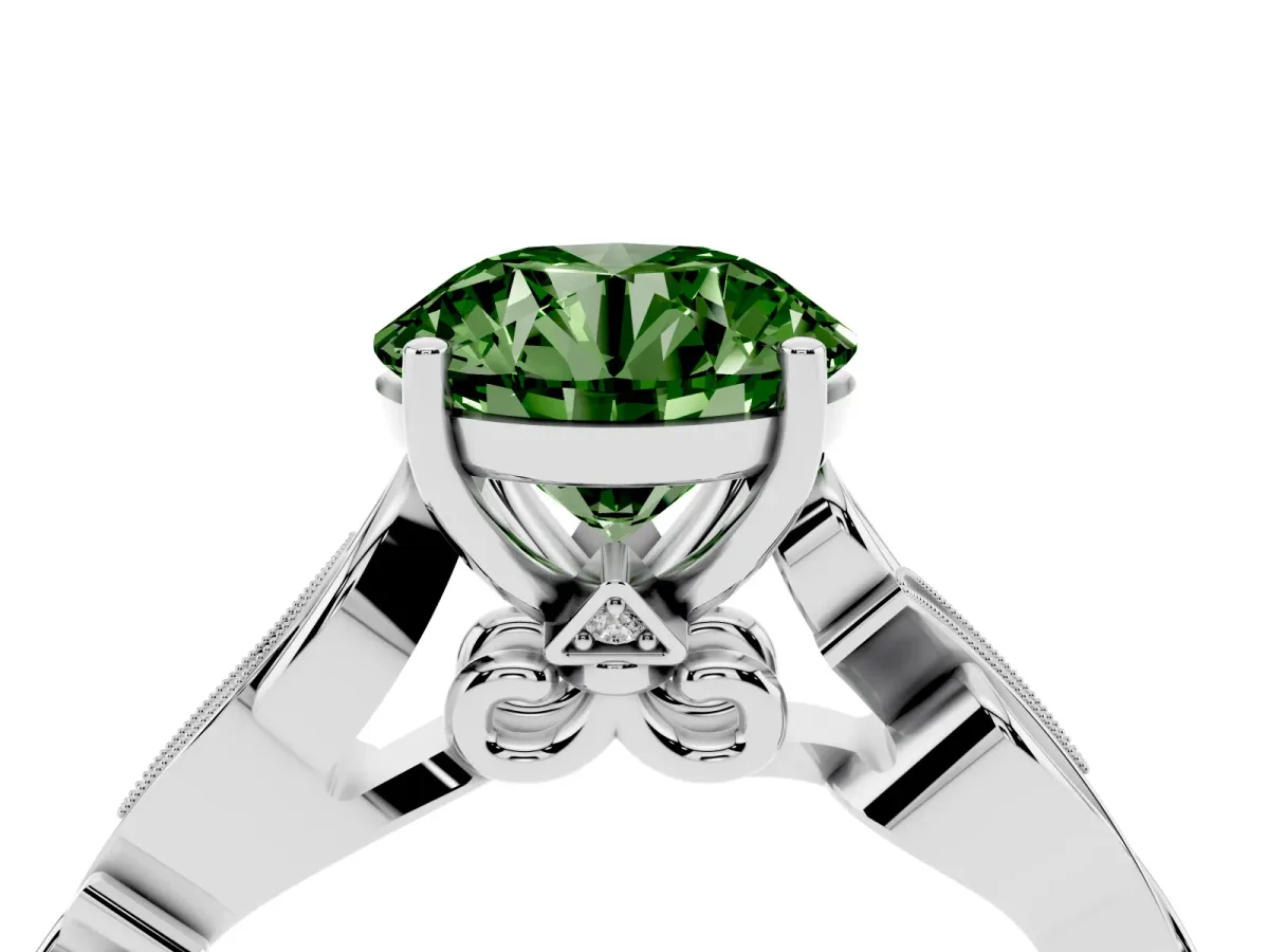 Fancy Green Round Cut Solitaire Vine Band with Milgrain Prong Setting Silver