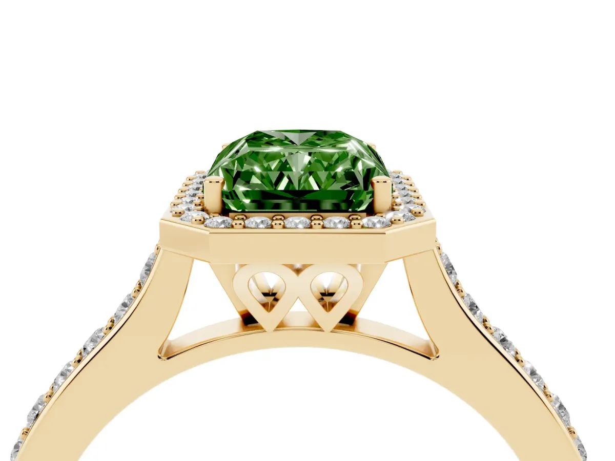 Fancy Green Radiant Cut Diamond Halo Engagement Ring with Round Pavé Shoulders and Prong Setting Yellow gold