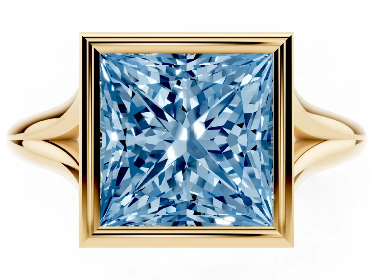Fancy Blue Bezel Set Princess Cut Cut Solitaire Ring with Tapered Band Yellow gold