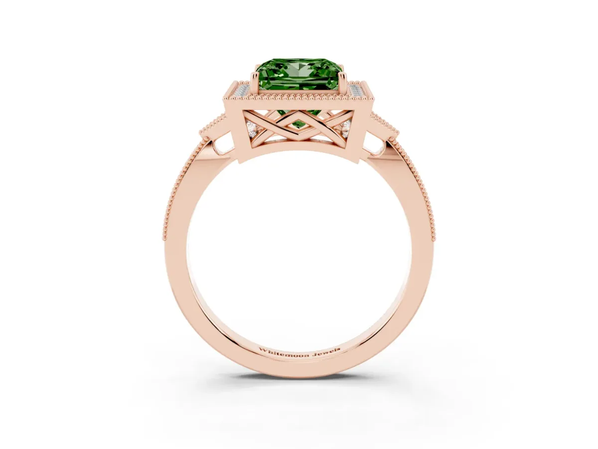 Fancy Green Princess Cut Halo Round Diamond Milgrain Pave Engagement Ring Rose gold