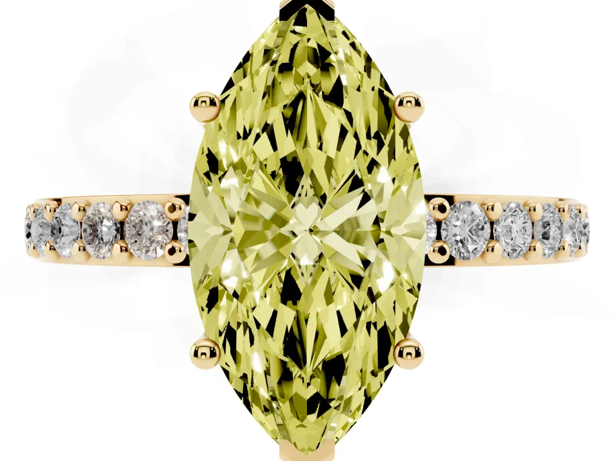 Fancy Yellow Marquise Cut Cut Diamond Solitaire with Pave Band and Four-Prong Setting Yellow gold