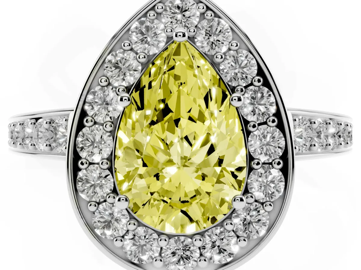 Fancy Yellow Pear Cut Halo Pavé Diamond Engagement Ring with Bezel Setting Silver