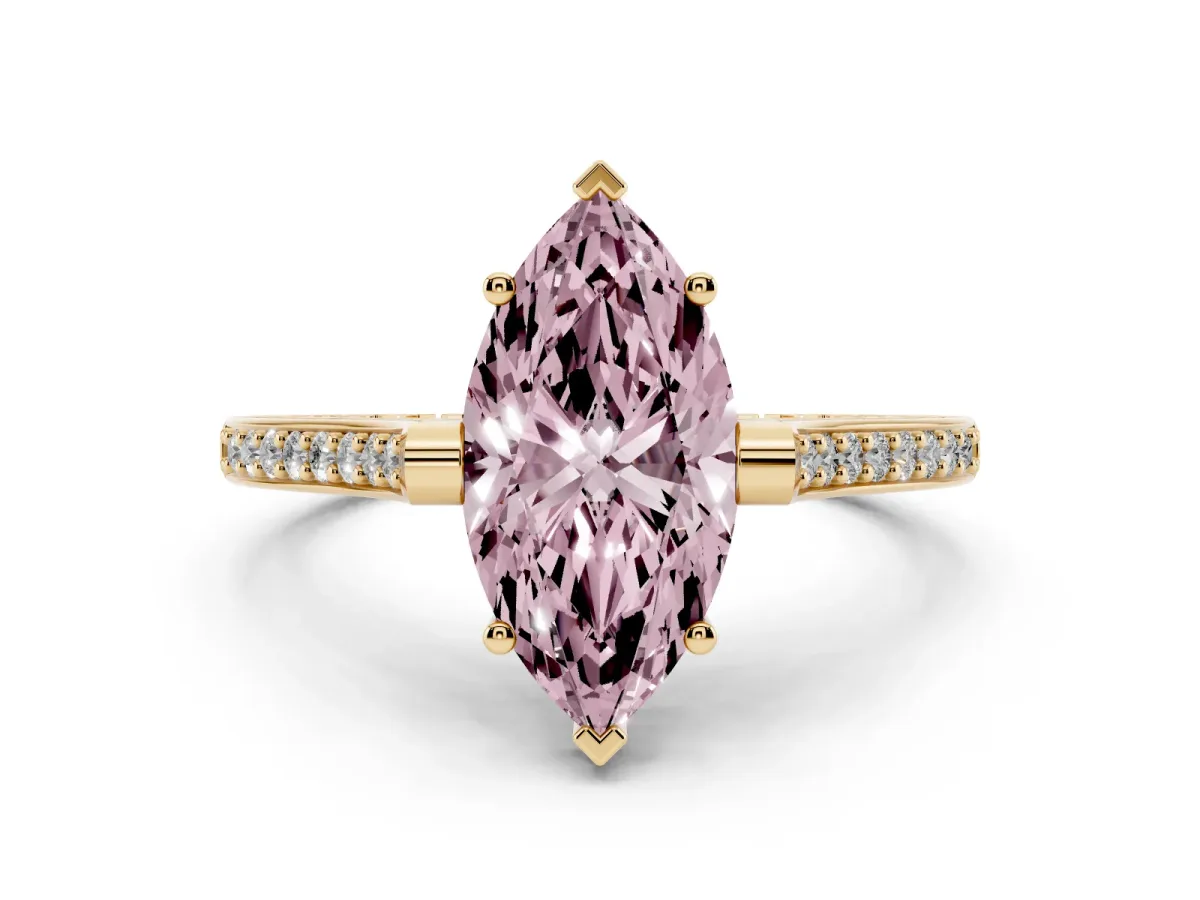 Fancy Pink Marquise Cut Solitaire Diamond Ring with Channel Set Band and Bezel Prong Setting Yellow gold