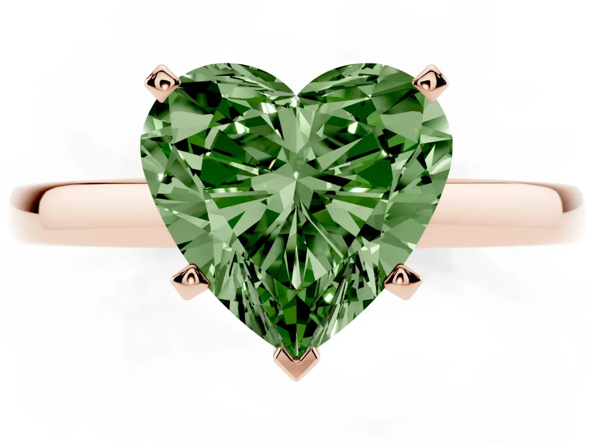 Fancy Green Heart Cut Solitaire Diamond Engagement Ring with Four-Prong Setting on a Classic Band Rose gold