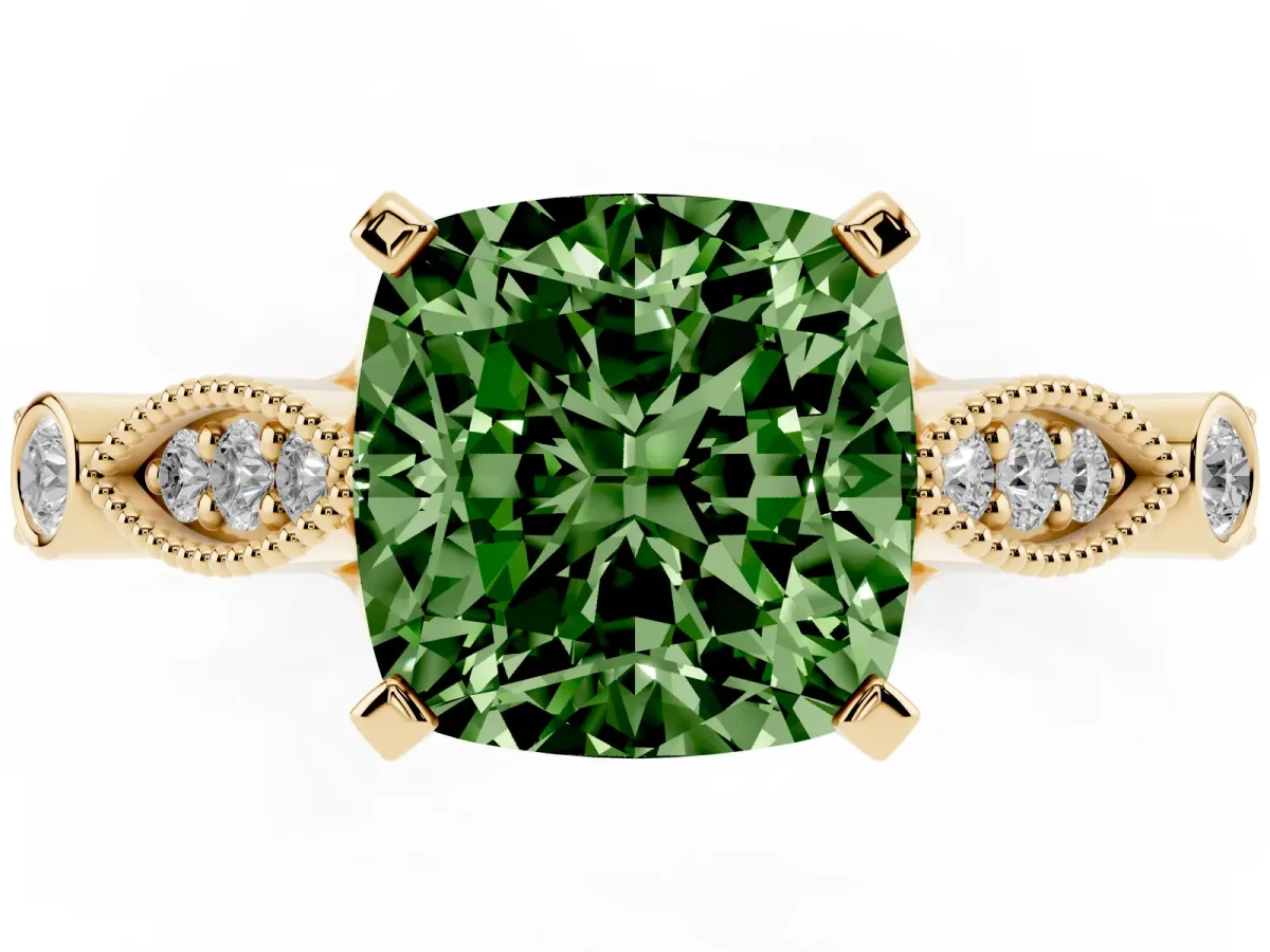 Fancy Green Cushion Cut Cut Diamond with Milgrain Marquise and Bezel Accents on a Solitaire Band with Prong Setting Yellow gold