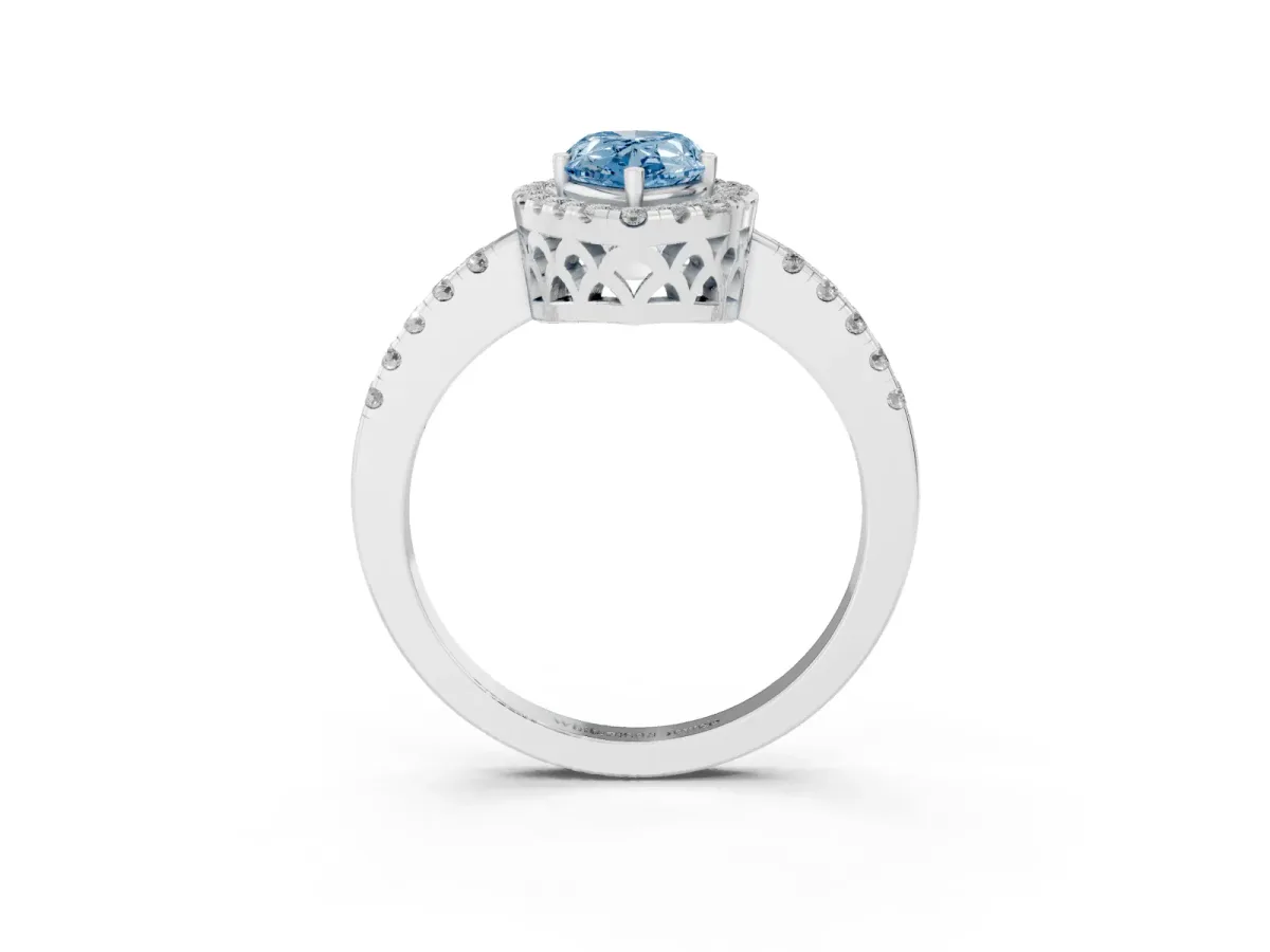 Fancy Blue Pear Cut Halo Diamond Engagement Ring with Pavé Band and Four-Prong Setting Platinum