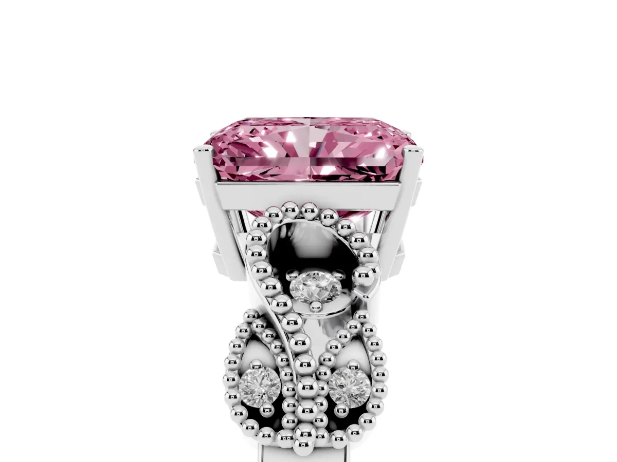 Fancy Pink Radiant Cut Solitaire Milgrain Leaf Band with Prong Setting Platinum