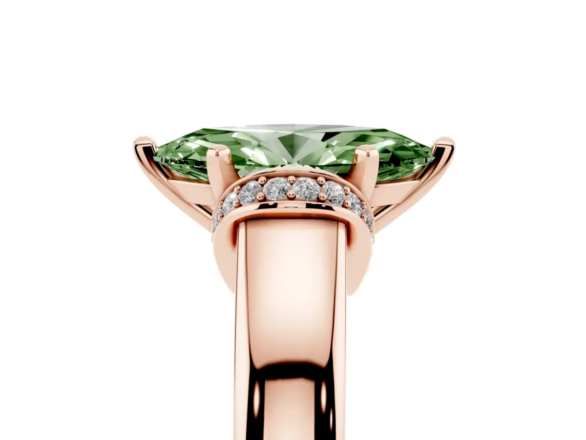 Fancy Green Marquise Cut Solitaire Diamond Ring with Pave Band and Six-Prong Setting Rose gold