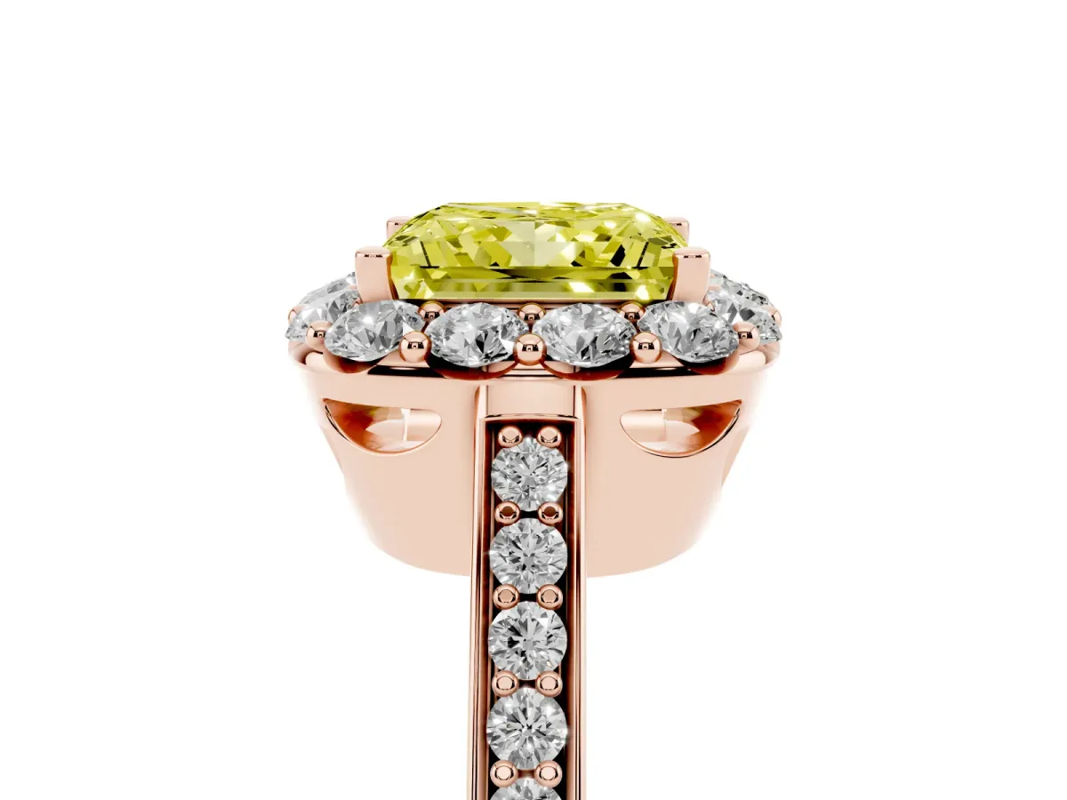 Fancy Yellow Princess Cut Diamond Floral Halo Ring with Pavé Band and Prong Setting Rose gold