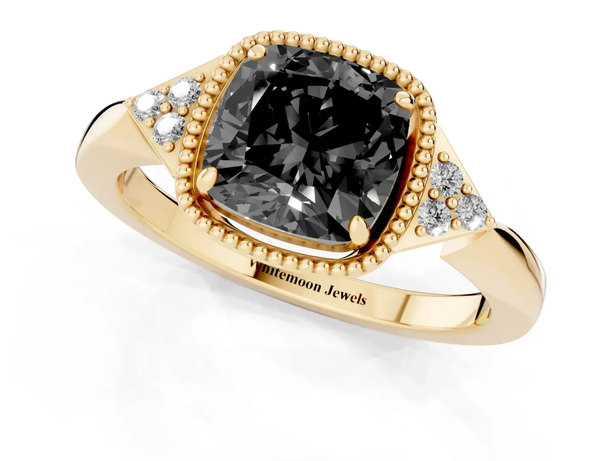 Fancy Black Hexagonal Halo Cushion Cut Diamond Solitaire with Pavé Band and Four-Prong Setting Yellow gold
