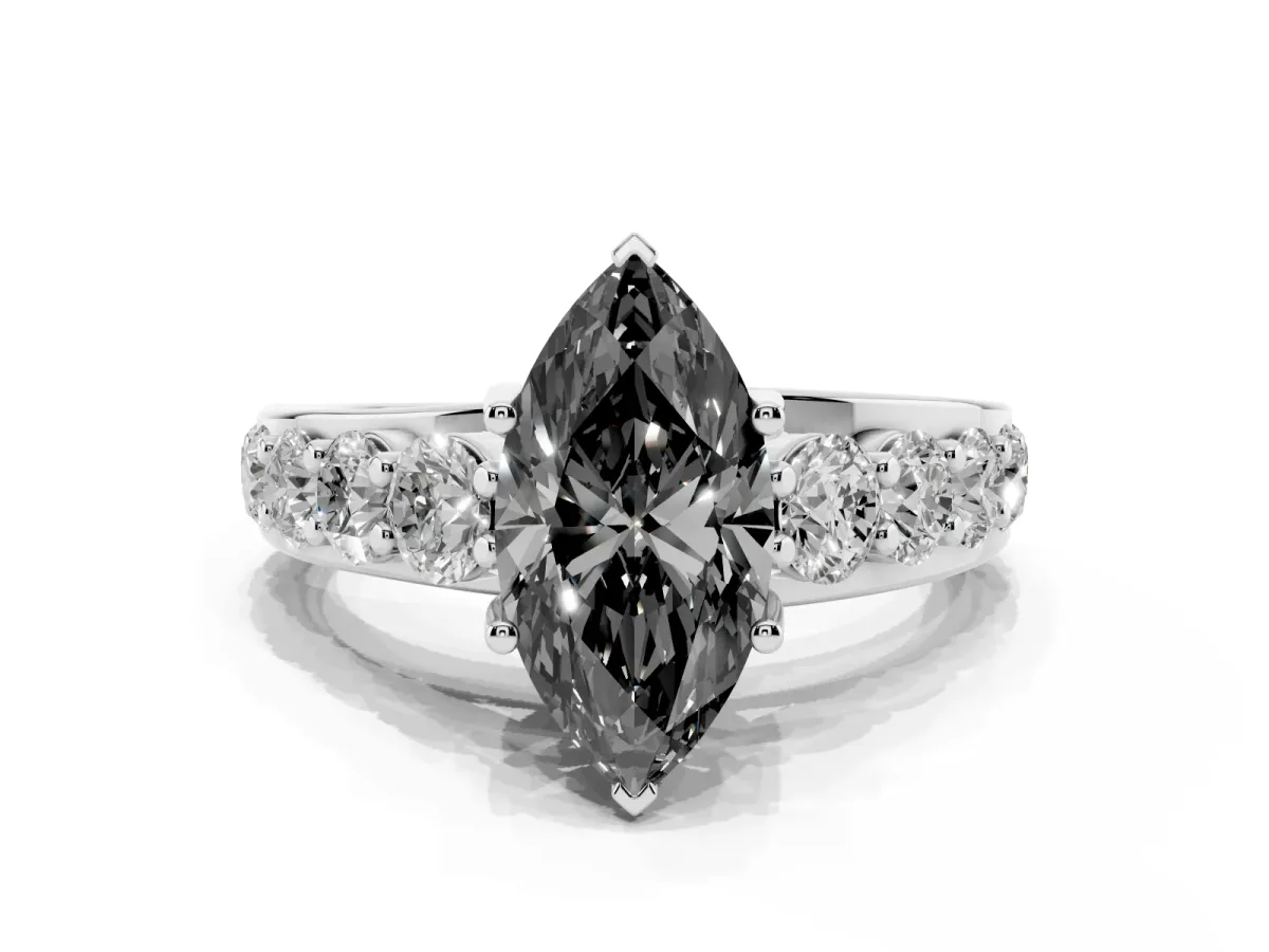 Fancy Black Marquise Cut Diamond Engagement Ring with Pavé Band and Four-Prong Setting Platinum