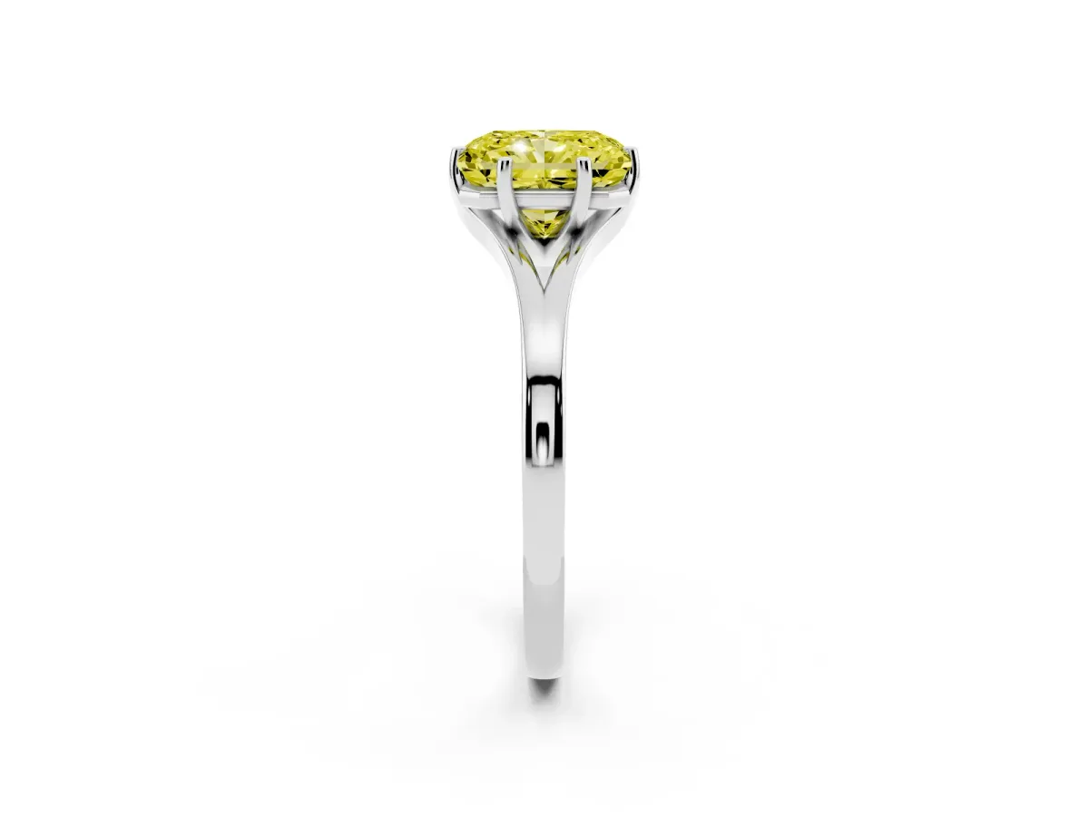 Fancy Yellow Radiant Cut Solitaire Diamond Ring with Six-Prong Setting and Tapered Band Platinum