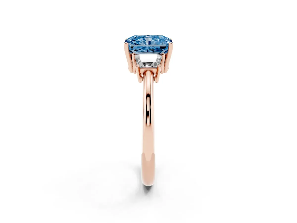 Fancy Blue Radiant Cut Diamond Three-Stone Ring with Trapezoid Side Stones and Prong Setting Rose gold