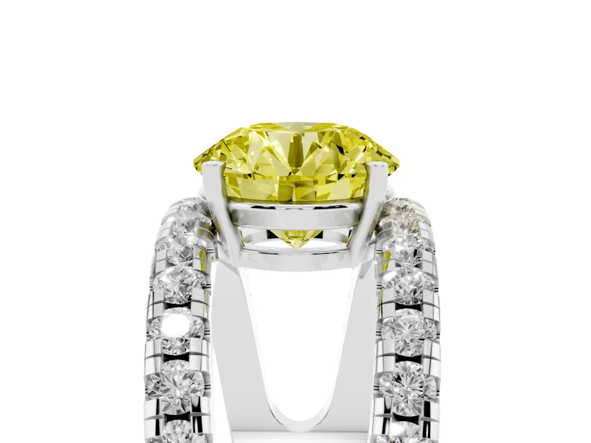 Fancy Yellow Round Cut Solitaire Split Shank Pave Diamond Ring Silver