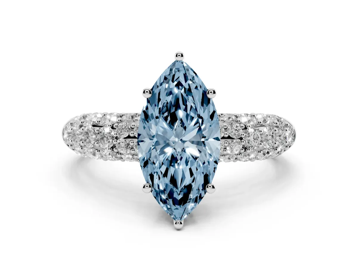 Fancy Blue Marquise Cut Diamond Pavé Band Solitaire Ring with Four-Prong Setting Silver