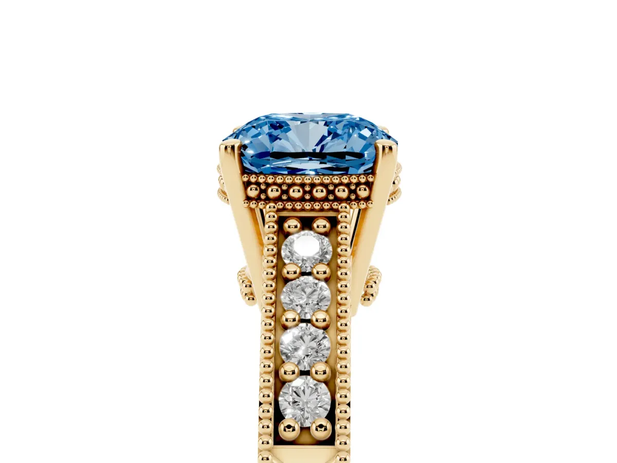 Fancy Blue Cushion Cut Solitaire Pavé Diamond Milgrain Engagement Ring with Four-Prong Setting Yellow gold
