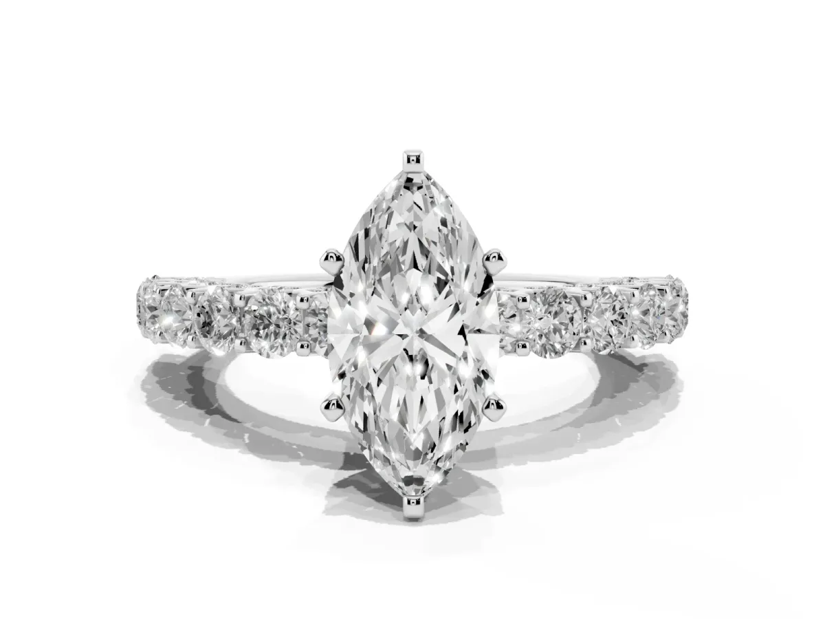 Marquise Cut Diamond Solitaire Ring with Shared Prong Pavé Band and Four-Prong Setting Platinum