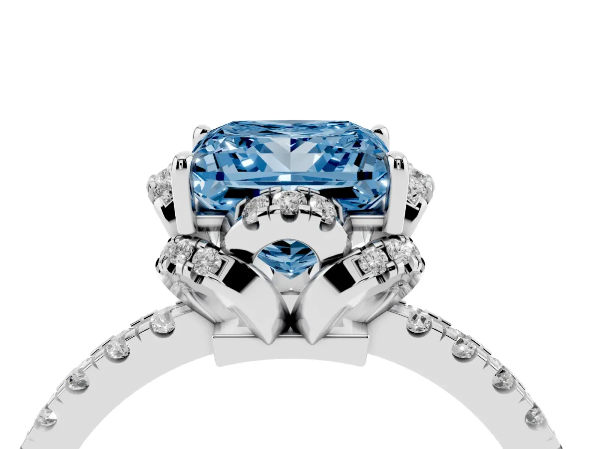 Fancy Blue Princess Cut Halo Diamond Pave Band Ring with Four-Prong Setting Platinum