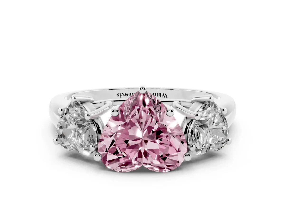 Fancy Pink Three-Stone Heart Cut Diamond Engagement Ring with Prong Setting Platinum